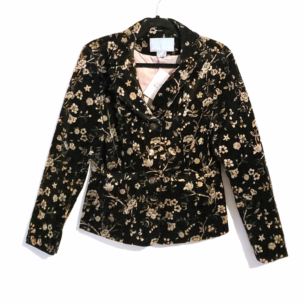 NINE WEST Vintage Floral Med Velour Blazer Pockets